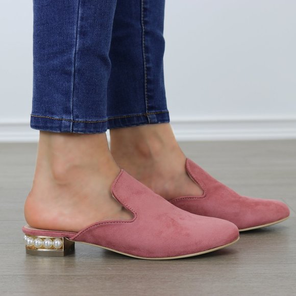 Suede Slip On Loafer Mule Pearl Accents on Heel - Picture 2 of 9